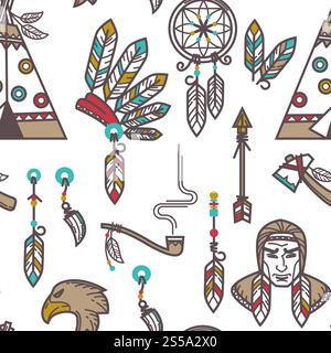 Native American Indians traditional culture symbols pattern background. Vector seamless design of Indigenous household and tribal icons wigwam hut, tomahawk weapon tools and smoking pipe. Native American Indians traditional culture symbols pattern background. Stock Vector