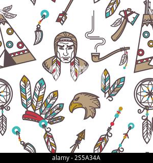 Native American Indians traditional culture symbols pattern background. Vector seamless design of Indigenous household and tribal icons wigwam hut, tomahawk weapon tools and smoking pipe. Native American Indians traditional culture symbols pattern background. Stock Vector