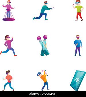 Virtual reality icon set. Cartoon set of 9 virtual reality vector icons for web design isolated on white background. Virtual reality icon set, cartoon style Stock Vector