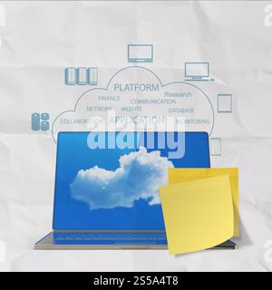 sticky note with Cloud computing word on crumpled paper background as concept Stock Photo