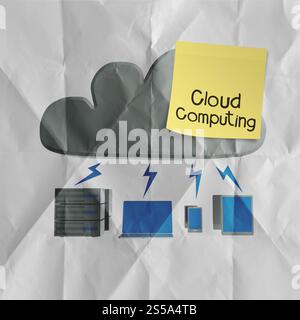 sticky note with Cloud computing word on crumpled paper background as concept Stock Photo