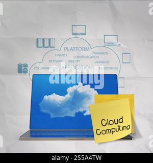 sticky note with Cloud computing word on crumpled paper background as concept Stock Photo