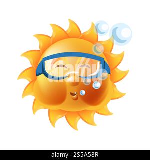 Sun smile or summer cartoon emoticon and emoji sunny face expression. Vector isolated icon of shining smiling character. Sun smile or summer cartoon emoticon and emoji sunny face expression. Stock Vector