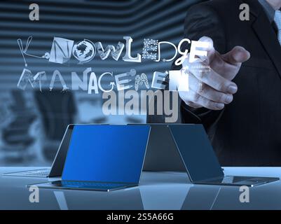 businessman hand drawing design word KNOWLEDGE MANAGEMENT as concept Stock Photo