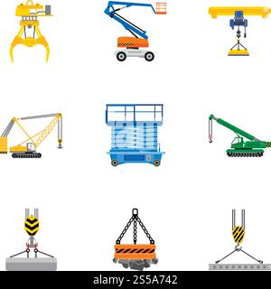 Lift machine icon set. Flat set of 9 lift machine vector icons for web design isolated on white background. Lift machine icon set, flat style Stock Vector