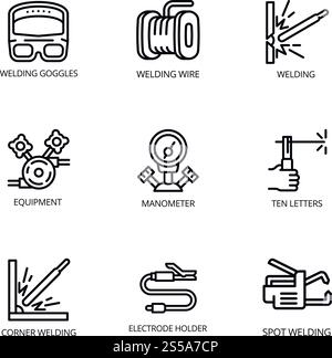 Welder icon set. Outline set of 9 welder vector icons for web design isolated on white background. Welder icon set, outline style Stock Vector
