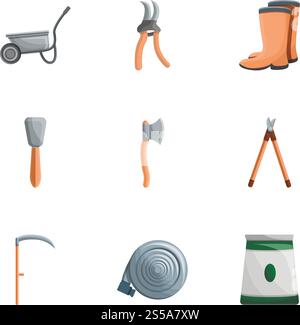 Garden work tools icon set. Cartoon set of 9 garden work tools vector icons for web design isolated on white background. Garden work tools icon set, cartoon style Stock Vector