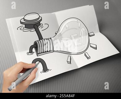 hand drawn light bulb with IDEA word on crumpled paper poster as creative concept Stock Photo