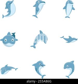 Grey dolphin icon set. Cartoon set of 9 grey dolphin vector icons for web design isolated on white background. Grey dolphin icon set, cartoon style Stock Vector
