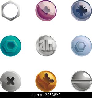 Screw head icon set. Cartoon set of 9 screw head vector icons for web design isolated on white background. Screw head icon set, cartoon style Stock Vector