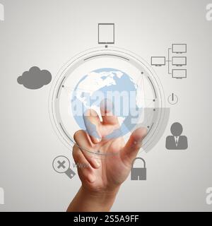 hand pointing 3d world with padlock as Internet security online business concept Stock Photo