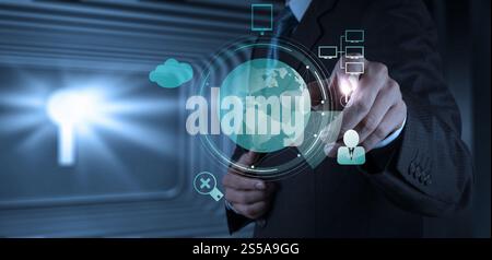 businessman hand push start Cloud Computing diagram on the new computer interface as concep Stock Photo