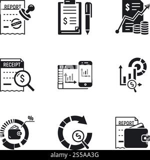Finance report icon set. Simple set of 9 finance report vector icons for web design isolated on white background. Finance report icon set, simple style Stock Vector