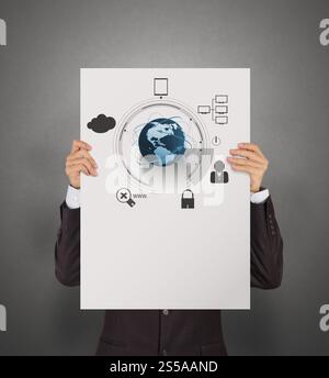 businessman holding poster of social network structure as concept Stock Photo