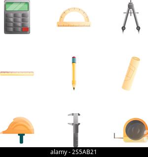 Engineer tools icon set. Cartoon set of 9 engineer tools vector icons for web design isolated on white background. Engineer tools icon set, cartoon style Stock Vector