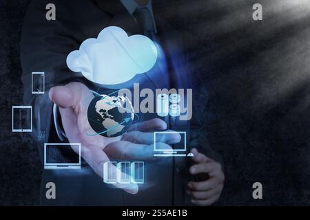 Businessman hand shows a Cloud Computing diagram on the new computer interface Stock Photo