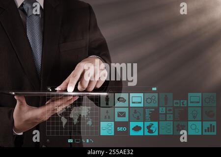 businessman hand working with www. written in search bar on modern computer interface Stock Photo