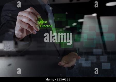 double exposure of businessman hand draws best practice word on virtual screen as concept Stock Photo