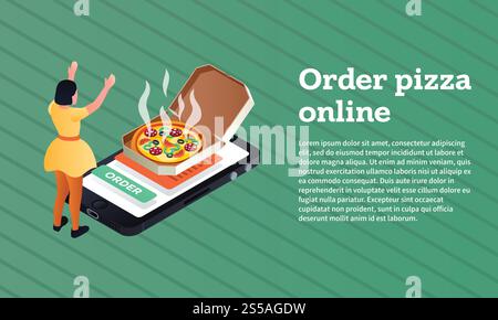 Order pizza online concept banner. Isometric illustration of order pizza online vector concept banner for web design. Order pizza online concept banner, isometric style Stock Vector