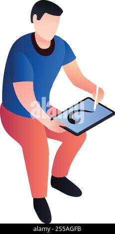Man drawing at tablet icon. Isometric of man drawing at tablet vector icon for web design isolated on white background. Man drawing at tablet icon, isometric style Stock Vector