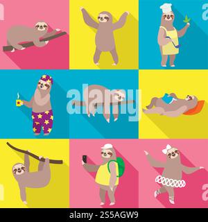 Sloth icon set. Flat set of 9 sloth vector icons for web design isolated on white background. Sloth icon set, flat style Stock Vector