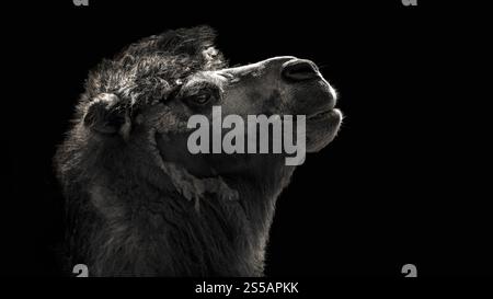 The Bactrian camel, Camelus bactrianus, also known as the Mongolian camel, domestic Bactrian camel or two-humped camel. Closeup portrait in on black b Stock Photo