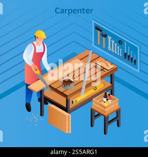 Carpenter concept background. Isometric illustration of carpenter vector concept background for web design. Carpenter concept background, isometric style Stock Vector