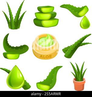 Aloe icons set. Cartoon set of aloe vector icons for web design. Aloe icons set, cartoon style Stock Vector