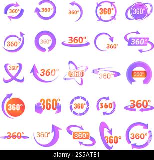 360 degrees icons set. Cartoon set of 360 degrees vector icons for web design. 360 degrees icons set, cartoon style Stock Vector
