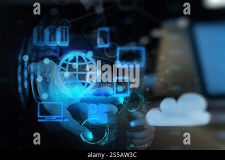 double exposure of Businessman hand shows cloud network and new technology Stock Photo