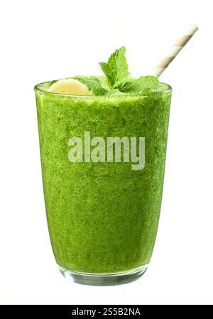 glass of fresh green smoothie decorated with mint and straw isolated on white background Stock Photo