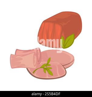 Delicious tender veal and ham slices with fresh greenery. Organic natural meat of high quality. Delicious raw butchery products isolated cartoon flat vector illustrations on white background.. Delicious tender veal and ham slices with greenery Stock Vector