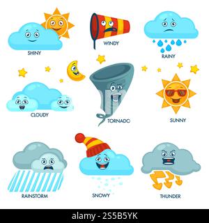 Weather forecast elements with faces and signs set. Sun and clouds with emotional faces. Strong wind, heavy rain, powerful tornado and loud thunder isolated cartoon flat vector illustrations.. Weather forecast elements with faces and signs set Stock Vector