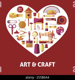 Art and craft promotional poster with special equipment. Stationary products to draw, paint supplies, tools to construct and sewing machine with materials to make clothes vector illustrations.. Art and craft promotional poster with special equipment Stock Vector