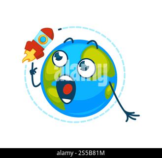 Earth planet cartoon character with rocket on orbit. Vector isolated earth icon with shocked or surprised eyes looking at spaceship flying around. Earth planet cartoon vector character icon looking rocket on orbit Stock Vector