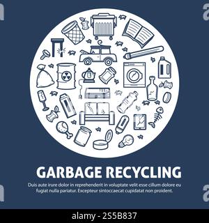 Garbage recycling for ecology protection agitative promotional poster. Domestic and industrial wastes in circle with sample text underneath isolated monochrome cartoon flat vector illustration.. Garbage recycling for ecology protection agitative promo poster Stock Vector