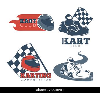 Kart club promotional emblems set with protective helmets, professional drivers, checkered flag, red flame and compact sport vehicle isolated cartoon flat vector illustrations on white background.. Kart club promotional emblems set with protective helmets Stock Vector