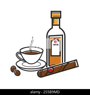 Cuban natural coffee, best rum and big cigar. Traditional drinks and tobacco product from tropical island with ancient history. Attraction to visit Cuba vector illustration on white background.. Cuban natural coffee, best rum and big cigar Stock Vector