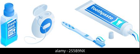 Toothpaste icons set. Isometric set of toothpaste vector icons for web design isolated on white background. Toothpaste icons set, isometric style Stock Vector