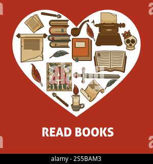 Read books poster with old relics set inside heart shape. Old paper ingots, wax candle, thick volumes, retro typing machine, big sword and skull in gold crown cartoon vector illustrations set.. Read books poster with old relics set inside heart Stock Vector
