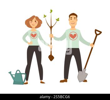 Volunteers in sweater with hearts plant tree sprout. Man with spade and woman with watering can hold thin trunk to make earth more green isolated cartoon flat vector illustration on white background.. Volunteers in sweater with hearts plant tree sprout Stock Vector