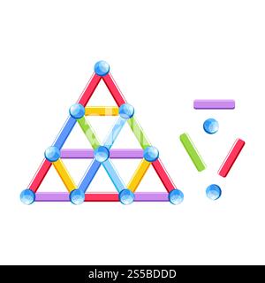Developing toy for children with parts and magnet balls. Special constructor composed of metal sticks and elements that put them together isolated cartoon flat vector illustration on white background.. Developing toy for children with parts and magnet balls Stock Vector