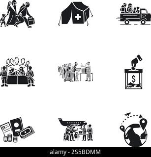 Refugees people icon set. Simple set of 9 refugees people vector icons for web design isolated on white background. Refugees people icon set, simple style Stock Vector