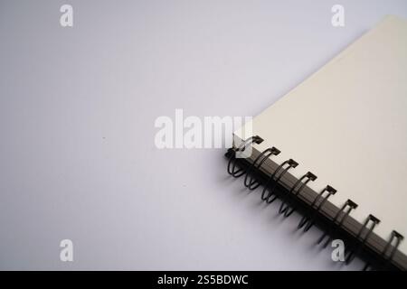close-up of a spiral-bound notebook with blank pages.The focus is on the spiral binding and the edge of the paper, set against a minimalist background Stock Photo