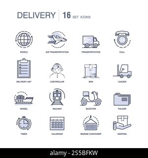 Modern fast delivery services monochrome icons set Types of transportation and necessary equipment symbols. Exchange of goods system isolated cartoon flat vector illustrations on white background.. Modern fast delivery services monochrome icons set Stock Vector