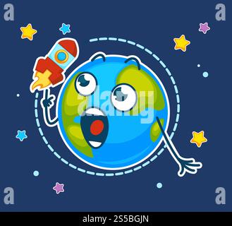 Surprised Earth and spaceship that flies around orbit out in cosmos. Planet with shocked facial expression and wide open mouth. Rocket and globe among stars cartoon flat vector illustration.. Surprised Earth and spaceship that flies around orbit Stock Vector