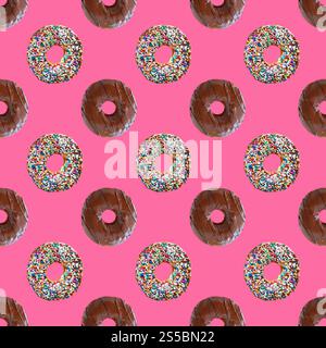 Two Types of Mouthwatering Chocolate Glazed Donuts Pattern on pink Background Stock Photo