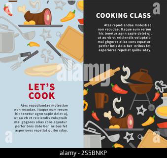 Cooking school of chef cook master classes posters, Vector design template of kitchen utensils or dish gourmet ingredients and kitchenware cutlery of fork, spoon or knife and ladle in saucepan. Cooking school chef master classes vector poster Stock Vector