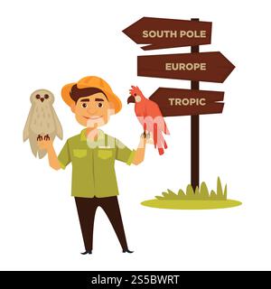 Zoo worker in hat with bright parrot and white owl stands neat wooden direction pointer that shows where animals from South Pole, Europe and Tropic placed isolated cartoon flat vector illustration.. Zoo worker with parrot and owl stands neat direction pointer Stock Vector