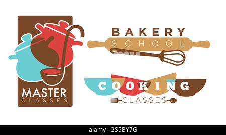 Cooking school or baking chef master class logo templates. Vector isolated icons of cookware pans, bakery rolling pin or cutlery knife, fork or spoon for cooking school classes. Cooking or bakery chef school vector icons Stock Vector